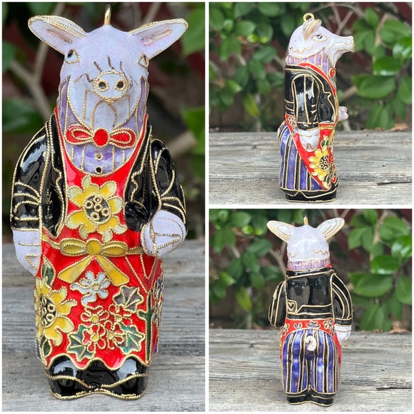 VINTAGE Cloisonne enamel pig figurine ornament|5” tall - Picture 3 of 10